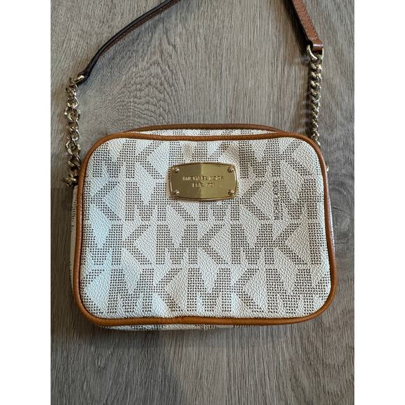 Michael Kors Jet Set Crossbody Bag – Vanilla Logo Fabric & Brown Leather Trim - Picture 2 of 7